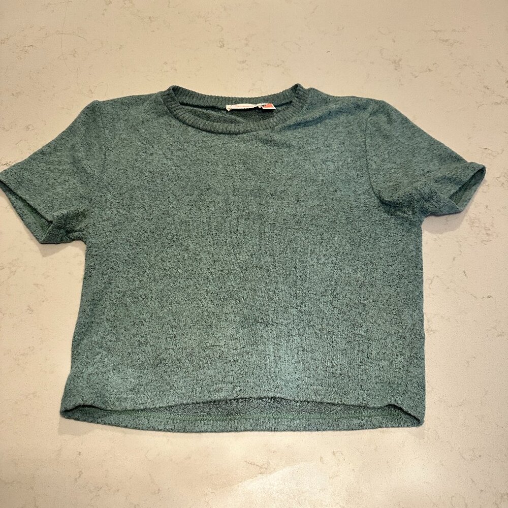 Maronie Anthropologie Cropped Heather Green Shirt Top Super Soft Made in USA S